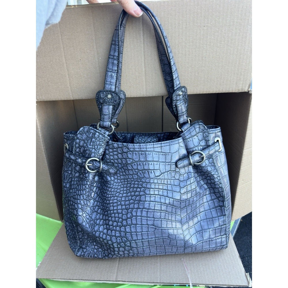 Jessica Simpson Blue Croc Embossed Tote Bag Faux Leather Shoulder Bag W/wristlet